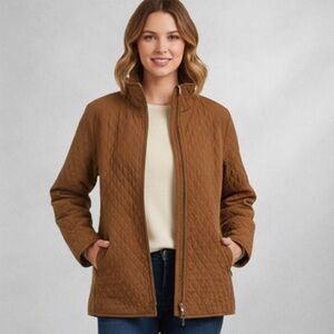 Talbots Quilted Jacket Brown Full Zip Stand Collar Women’s Size XL